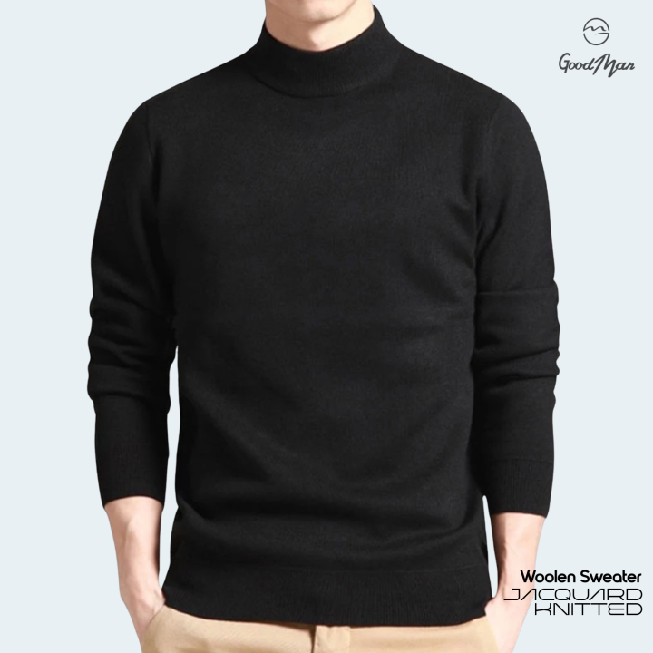 Premium Quality Solid Black Color High Neck Cotton Full Sleeve Sweater for Men