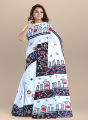 Tangail Tat 21 February Special Hand Print White & Black Combnation Color 12 Hand Silk saree for Women.