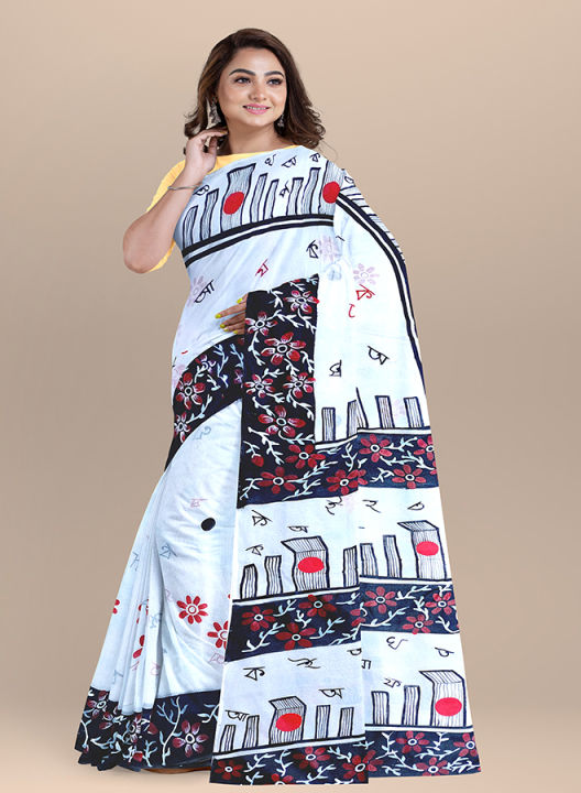 Tangail%20Tat%2021%20February%20Special%20Hand%20Print%20White%20&%20Black%20Combnation%20Color%2012%20Hand%20Silk%20saree%20for%20Women%20-%20Image%202