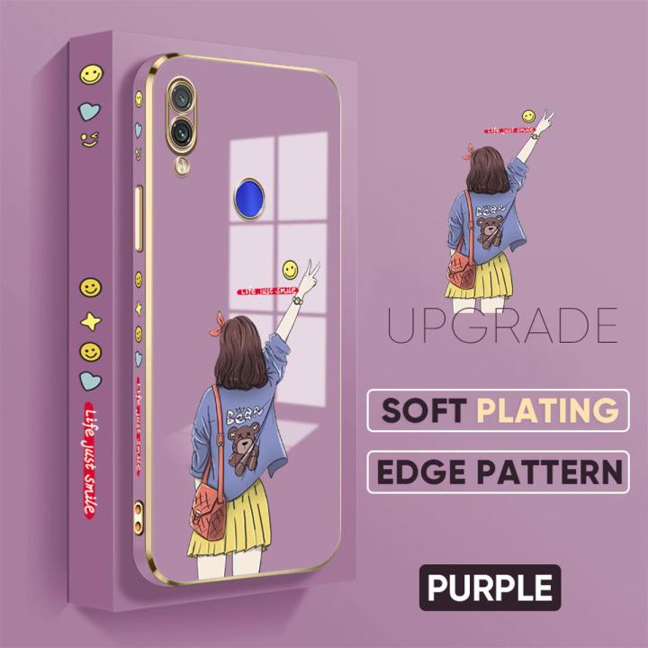 TA for Redmi Note 7 Note 7 Pro Back Cover + Free Lanyard Happy Girl Luxury 6D Plating Case Side Pattern Soft Silicone Square Phone Cases
