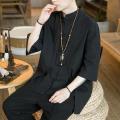 Summer Zen Clothes Chinese Cotton and Linen Handmade Buttonhole Loop Tang Suit Coat Improved Hanfu Placket Robe Lay Buddhist Clothes Tea Clothes for Men.