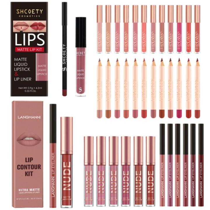 2pcs Matte Lip Liner Lip Glaze Set Lasting Color Lip Gloss High Pigment Lip Tinted Red Durable Non-stick Cup Lipstick Waterproof FeeoiF
