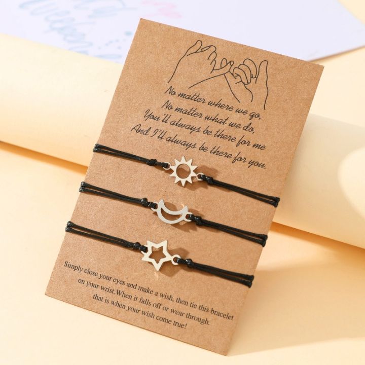 2024 New Friendship Card Bracelet Fashionable and Personalized Alloy Oil Drop Sun Moon Star Wax Rope Woven Bracelet 3-piece Set