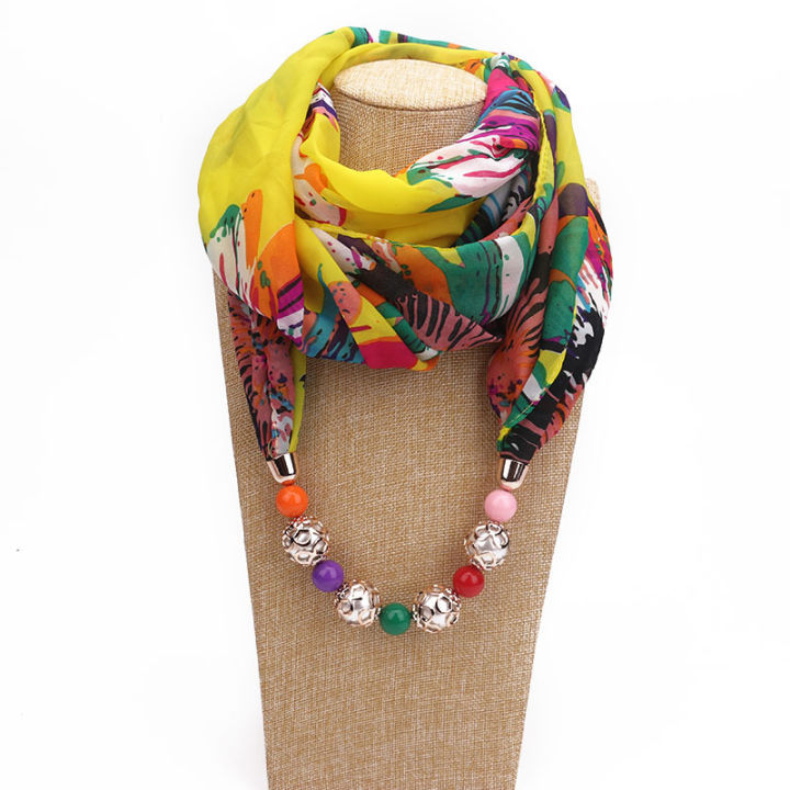Women Print Chiffon Scarf Statement Necklace Pendant Scarf Women Boho