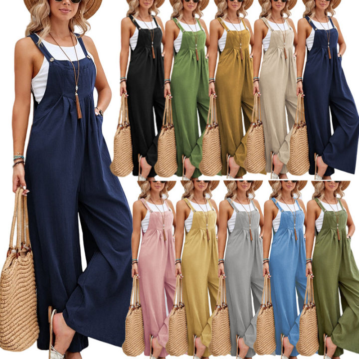 Women Solid Color Oversized Wide Leg Playsuit Summer Loose Plus Size Ladies Jumpsuits