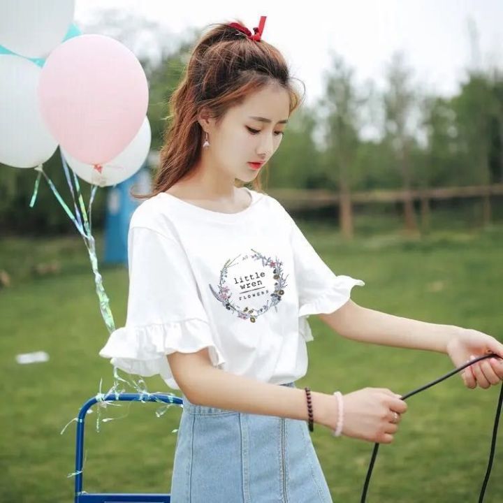 100%25Cotton%20Short-SleeveTT-shirt%20Women's%20Korean-Style%20Fashionable%20Students%20All-Matching%20Summer%20New%20LooseinsRuffled%20Top%20-%20Image%207