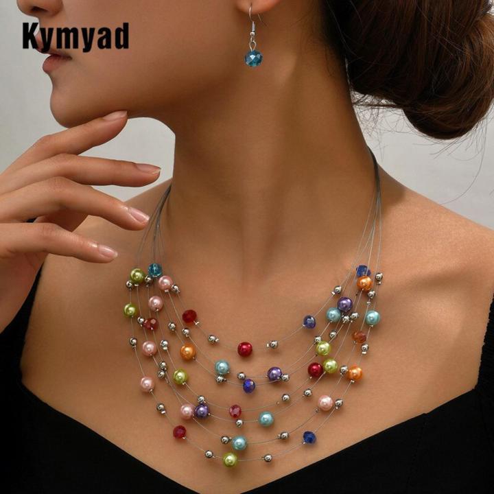 Kymyad Ethnic Necklace Earrings Set For Women Simulated Pearl