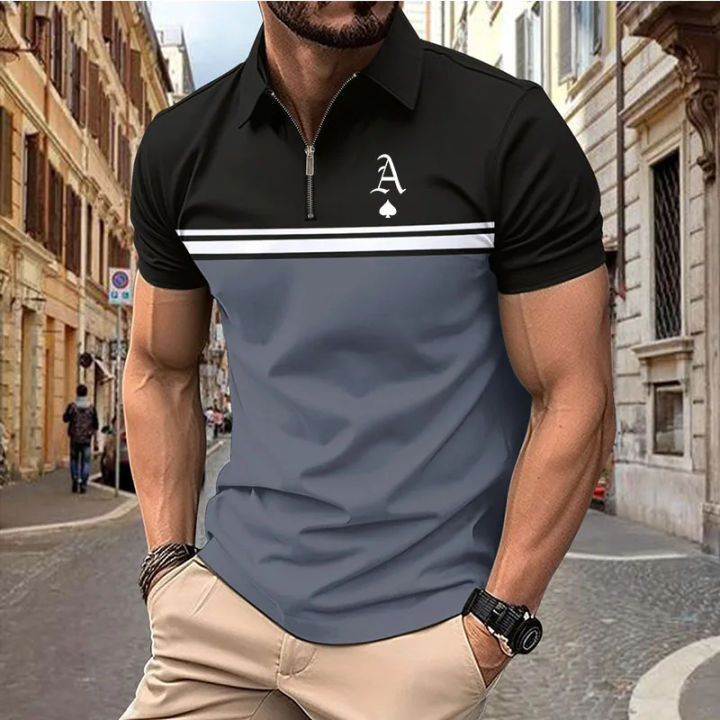 Polo T Shirt For Men Fashion Letter Printed Zipper Short Sleeve Shirts Casual Lapel Tops Summer Outdoor Loose Golf Wear Clothing KEEMEEUYZO