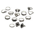 15-Piece Set Retro Silver Open Ring with Gemstones - Jewelry Collection. 