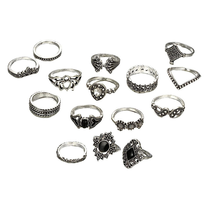 15-Piece Set Retro Silver Open Ring with Gemstones - Jewelry Collection