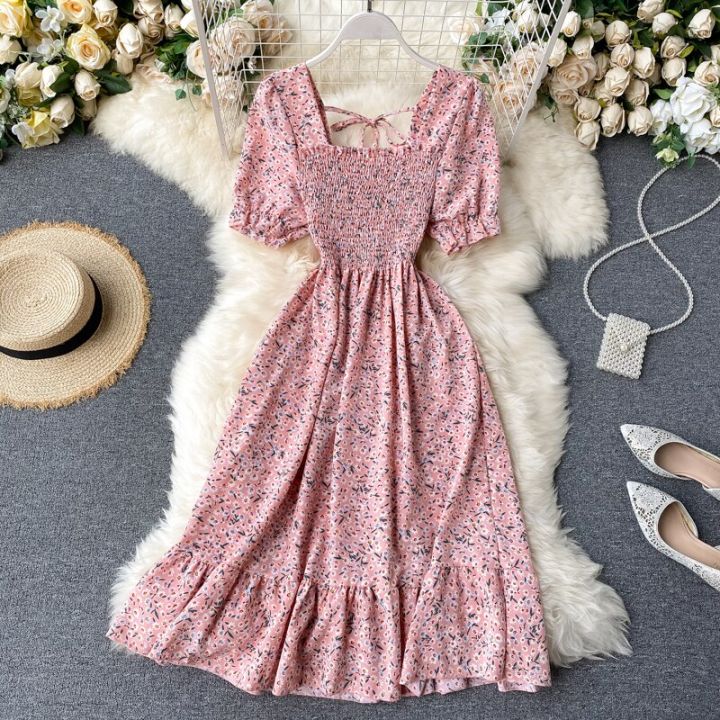 Boho%20slim%20vintage%20floral%20print%20Summer%20midi%20long%20Dress%20square%20collar%20chiffon%20dress%20Party%20Women%20elastic%20beach%20holiday%20tunic%20Dress%20-%20Image%204