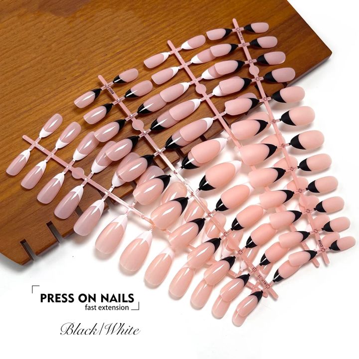 120pcs French Tip Press on Nails Almond Shape False Nails Full Cover Acrylic Nails White Black Tips Glossy Stick on Nail