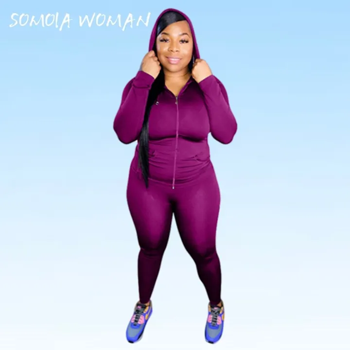 Plus%20Size%20Women's%20Clothing%20Solid%20Color%20Hooded%20Women%20Tracksuits%20Long%20Sleeve%20Zipper%20Matching%20Sets%20Elastic%20Pant%20Set%20Fitness%20Suits%20-%20Image%203