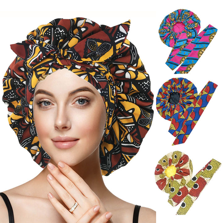 Alien Large Size African Print Satin Bonnet with Long Ribbon Wrap Double Layer Headwrap Ankara Pattern Women Hair Cover Hair Wrap Cap
