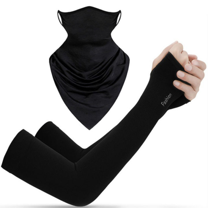 Hand Gloves & Bandana Face Cover Ear Hanging Scarf- Black