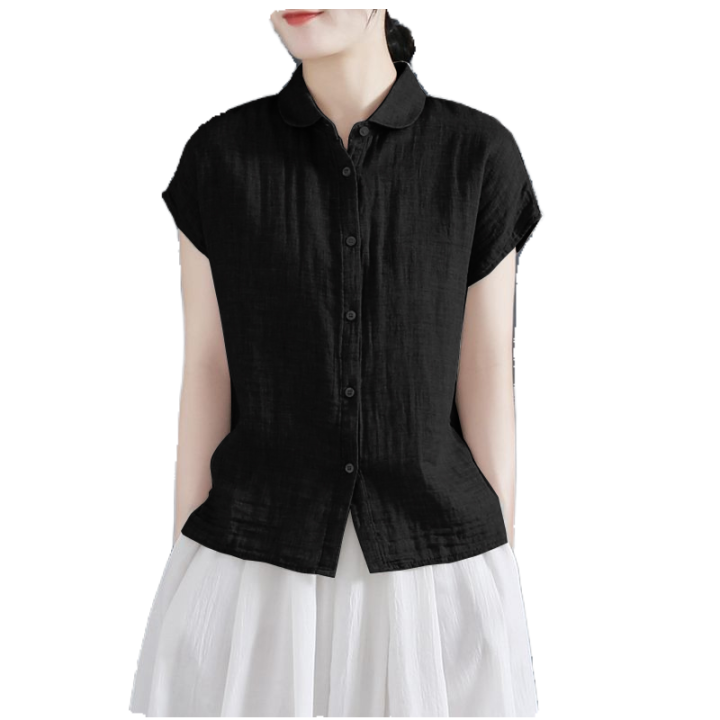Leak%20Picking~Foreign%20Trade%20Cut-off%20Short-Sleeved%20Shirt%20for%20Women%20Summer%20Lapels%20Design%20Sense%20Loose%20Flying%20Sleeve%20Cotton%20Linen%20Shirt%20-%20Image%203