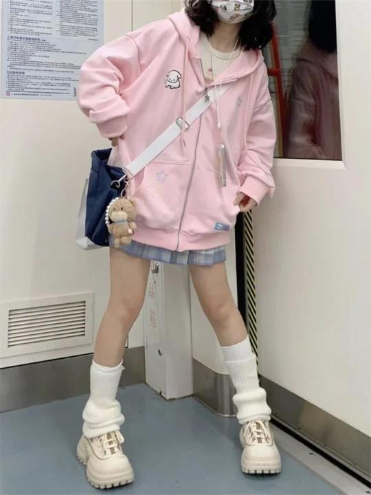 QWEEK%20Harajuku%20Kawaii%20Pink%20Zip%20Up%20Hoodie%20Women%20Japanese%20Y2K%20Sweet%20Cute%20Beige%20Fleece%20Sweatshirts%20Korean%20Style%20Girly%20Hooded%20Jacket%20-%20Image%207