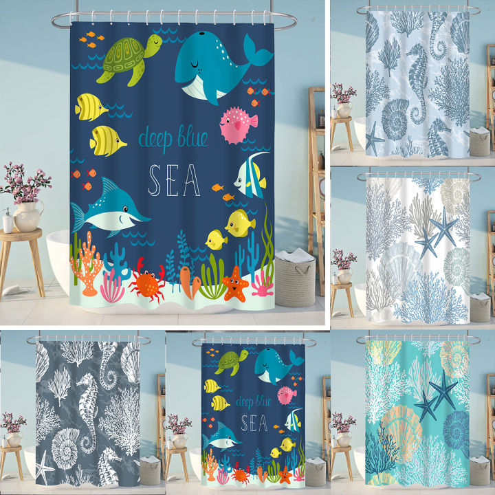 Ocean Underwater World Shower Curtain Starfish Seahorse Bathroom Curtain Home Decor Bath Screen Waterproof Polyester with Hooks