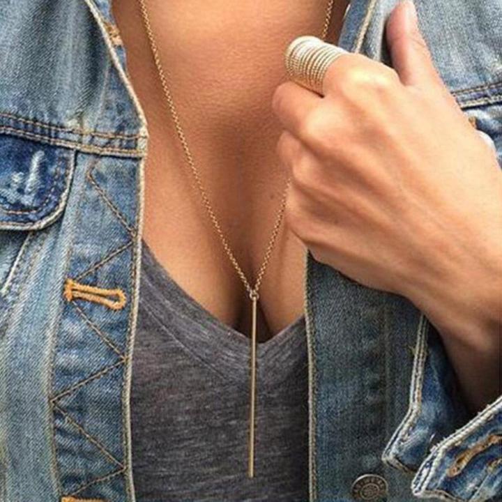 Women Simple Classic Stick Pendant Necklace Hollow Long Link