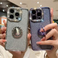 Luxury plating glitter rhinestones ring holder clear case for iPhone 15 13 11 12 14 Pro Max X XR Xs 7 8 plus soft silicone cover. 