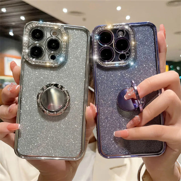 Luxury plating glitter rhinestones ring holder clear case for iPhone 15 13 11 12 14 Pro Max X XR Xs 7 8 plus soft silicone cover