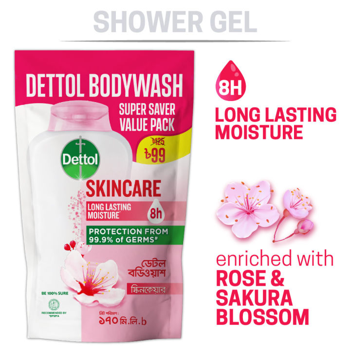 Dettol Body Wash Skincare Rose & Sakura Blossom with 8 Hours Long Lasting Moisture 170ml Shower Gel Super Saver Value Pack