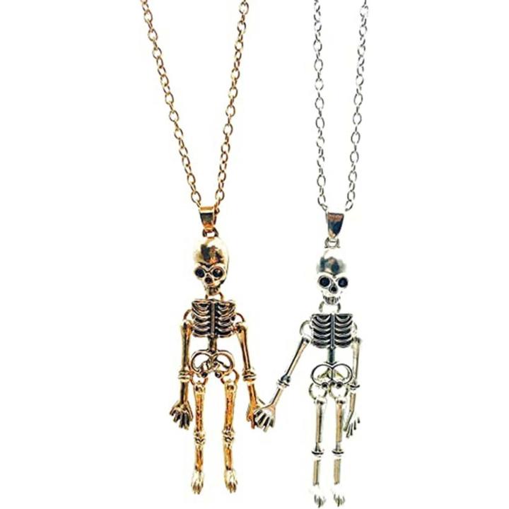 2 Pcs Retro Skeleton Ghost Magnetic Necklaces Halloween Necklace for Best Friend Couples Hold Hands Skull Necklaces Gifts