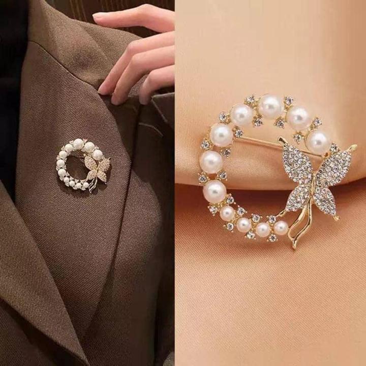 Fashion Pearl Butterfly Rhinestone Flower Brooch Hijab Pin for girl