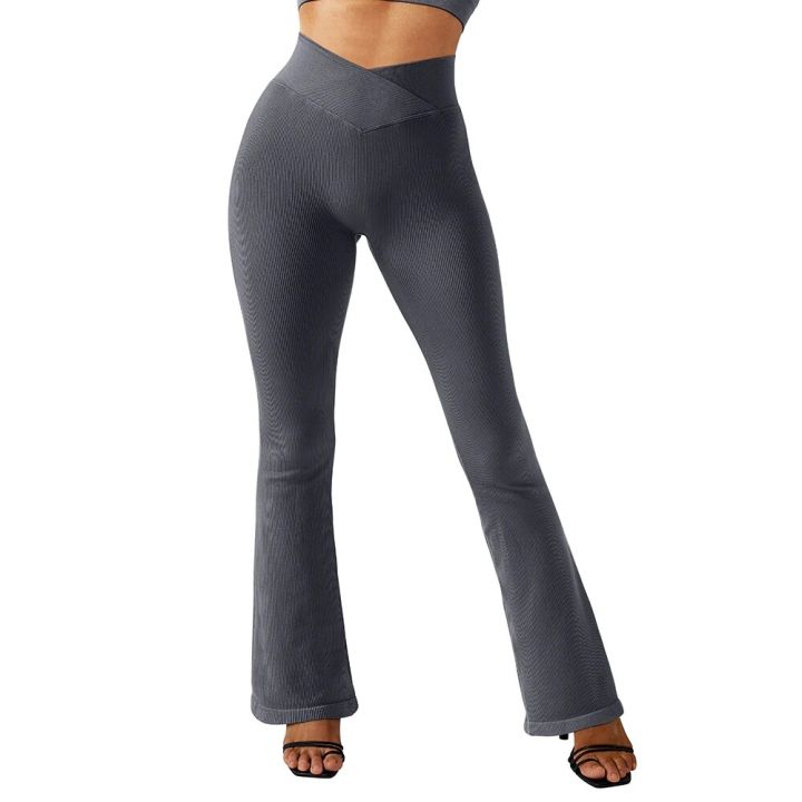 Flared%20Leggings%20Ribbed%20Crossover%20V%20Waist%20Women's%20Yoga%20Pants%20Control%20Tummy%20High%20Waist%20Wide%20Leg%20Pants%20Casual%20Flare%20Pants%20Female%20-%20Image%203
