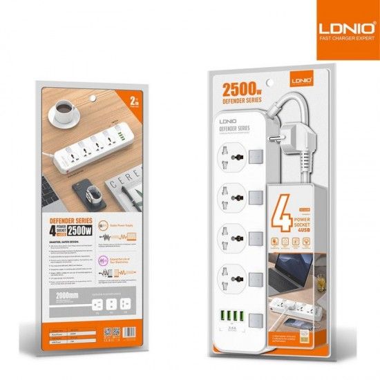 LDNIO SC4408 4 POWER SOCKET + 4 USB DEFENDER SERIES 2500W