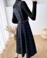 Autumn Winter Lady fashion Overalls 2 Piece Set Dress Women black Knitted Sweater Top + Plaid Tweed Slim Big Swing Midi Dress. 