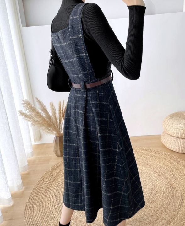 Autumn%20Winter%20Lady%20fashion%20Overalls%202%20Piece%20Set%20Dress%20Women%20black%20Knitted%20Sweater%20Top%20+%20Plaid%20Tweed%20Slim%20Big%20Swing%20Midi%20Dress%20-%20Image%207
