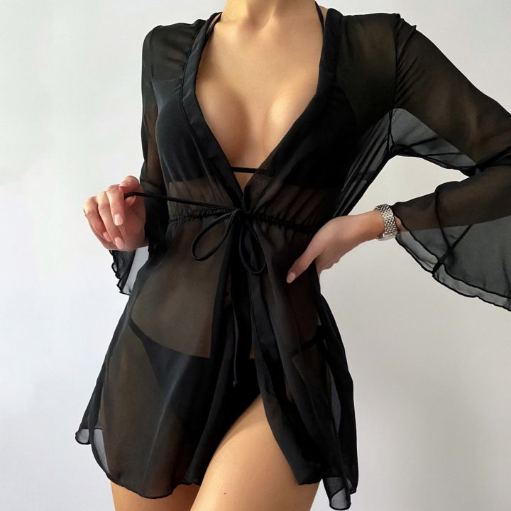 Beach Dress Women Bikini Cover Up See Through Tunic White Mesh Swimsuit V-neck Swimwear Bathing Suit Beach Wear Cover-ups