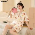 Elizabeth Duck M-5XL Women Cottton Pajama Summer Kimono Style Cardigan Sleepwear Korean Pijamas Plus Size Nightwear Shorts Pjs. 