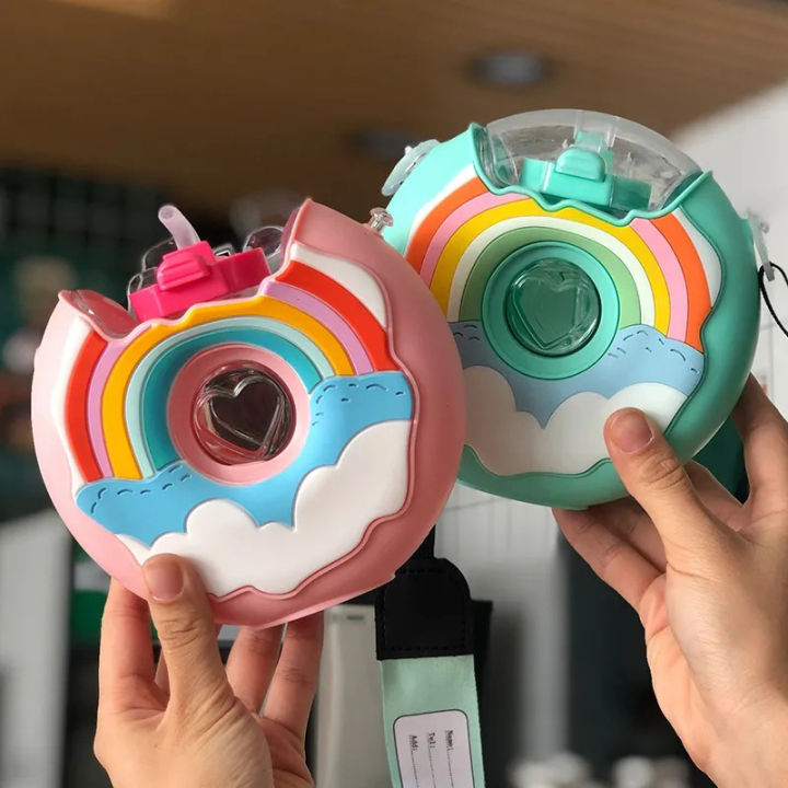 380ML Donut Shape Cup Kids Feeding Cup With Straws Lovely Donuts Shape Water Cups Cartoon Leakproof Outdoor Water Bottle