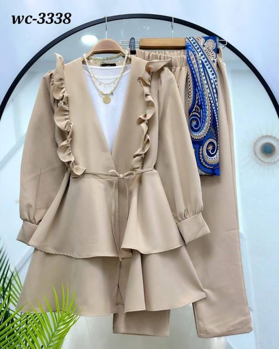 Tiered Peplum Beige Co-ord Set with Trousers