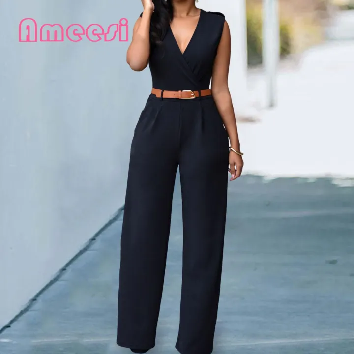 Office%20Jumpsuit%20Breathable%20Straight%20Pants%20with%20Belt%20Women%20Rompers%20-%20Image%202
