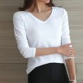 2022 Black White Ladies Long-Sleeve T-Shirt Korean V Neck Slim Stretch Casual Bottoming Shirt Solid Color Women Girls Top.