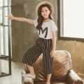 Teen Kids Girls Letter Sequin T-shirt Short Sleeve Tops Stripe Pants Outfits Set. 