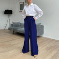 Women Casual Suit Pants Solid Color Loose Stretch High Waist Wide Leg Trousers for Home Office.