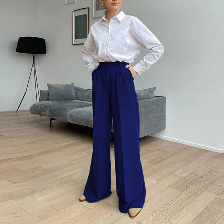 Women%20Casual%20Suit%20Pants%20Solid%20Color%20Loose%20Stretch%20High%20Waist%20Wide%20Leg%20Trousers%20for%20Home%20Office%20-%20Image%203