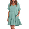 2024 Amazon's new women's cross-border European and American summer casual V-neck babydoll three-layer pleated dress. 