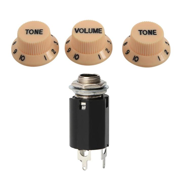 Cream Dark Blue Font 1 Volume & 2 Tone Guitar Control Knobs for Fender Strat & 1Pc Black Guitar Endpin Jack 6.35 Input