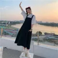 Preppy Style Suspender Skirt Outfit Girls' Summer Korean Style Loose All-Matching Slimming Mid-Length Strap Dress Fashion. 