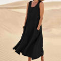 Women Sleeveless Sundress Elegant Round Neck Solid Long Tank Dress Vintage Pockets Beach vestidos.