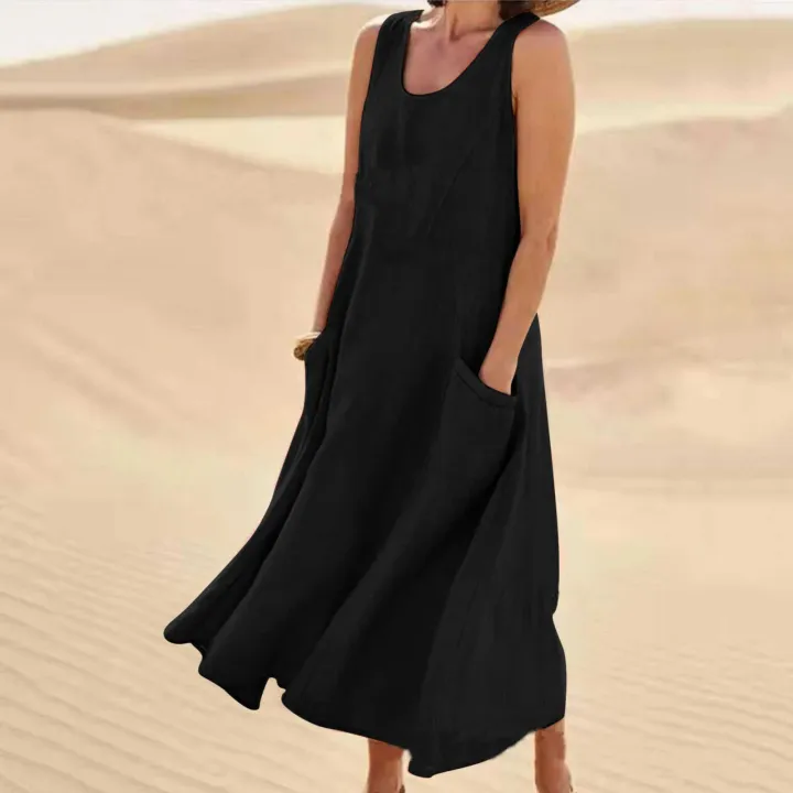 Women%20Sleeveless%20Sundress%20Elegant%20Round%20Neck%20Solid%20Long%20Tank%20Dress%20Vintage%20Pockets%20Beach%20vestidos%20-%20Image%202
