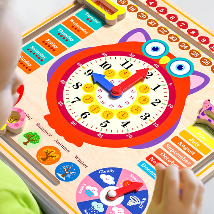 Montessori Teaching Aids Children's Calendar Weather Cognitive Board Date Recognition Clock and Time Puzzle 3 to 6 Year-Old Toy