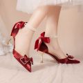 French Xiuhe Wedding Dress Two-Way Wedding Shoes Summer Women's Bridal Shoes Stiletto Toe Box Sandals Women's Pearl Red High Heels.