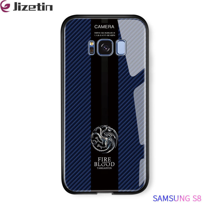 Jizetin for Samsung S8 Glass Back Cover Dargon Logo For Boys Glossy Tempered Glass Shockproof Soft Edge Phone Cases