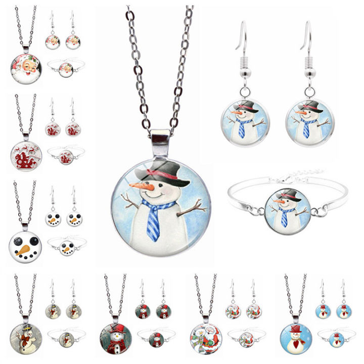 Cross-border new accessories Christmas Snowman Time Gemstone Bracelet Necklace Earrings Jewelry Set